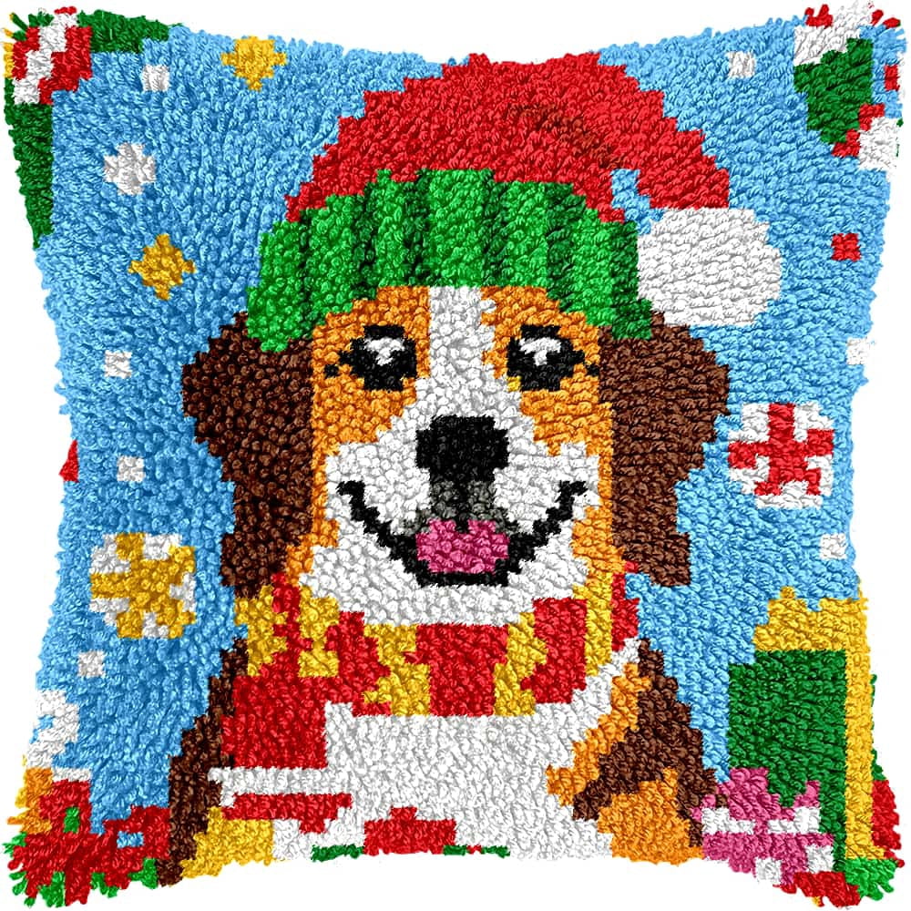 Needlepoint Pillow Kit Animal Dog Diy Latch Hook Kits Pillow Needlepoint Cushion Kit For Home Décor Needlework Set For Adult Beginners 17X17In