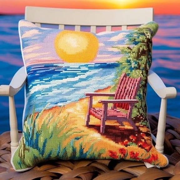 Needlepoint Pillow Kit Beach Coconut Trees Scenery DIY Latch Hook Kits Pillow Needlepoint Cushion Kit for Home Décor Needlework Set for Adult Beginners B 17x17In