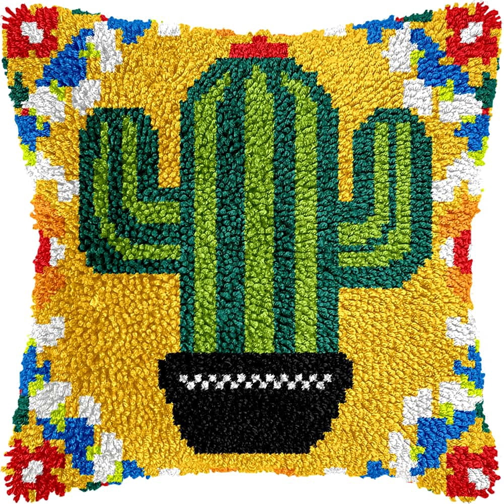 Needlepoint Pillow Kit Cactus Diy Latch Hook Kits Pillow Needlepoint Cushion Kit For Home Décor Needlework Set For Adult Beginners 17X17In