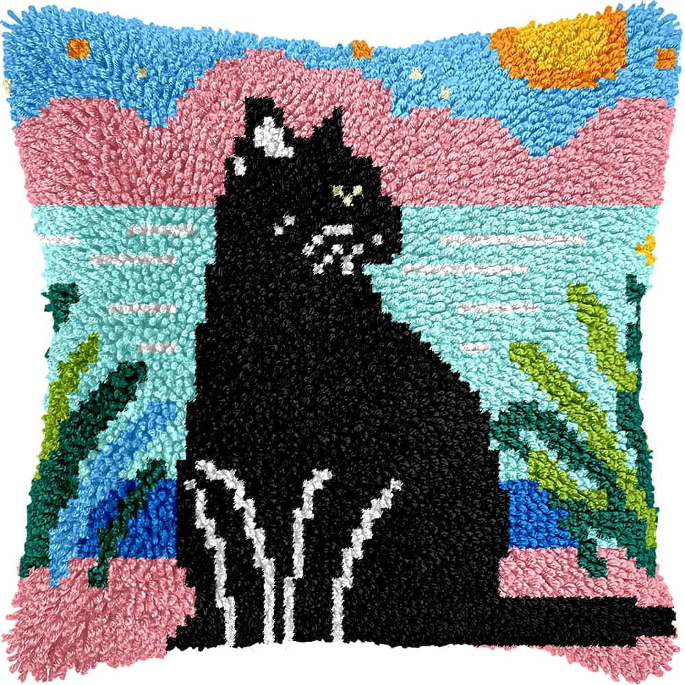 Needlepoint Pillow Kit Cat Diy Latch Hook Kits Pillow Needlepoint Cushion Kit For Home Décor Needlework Set For Adult Beginners 17X17In