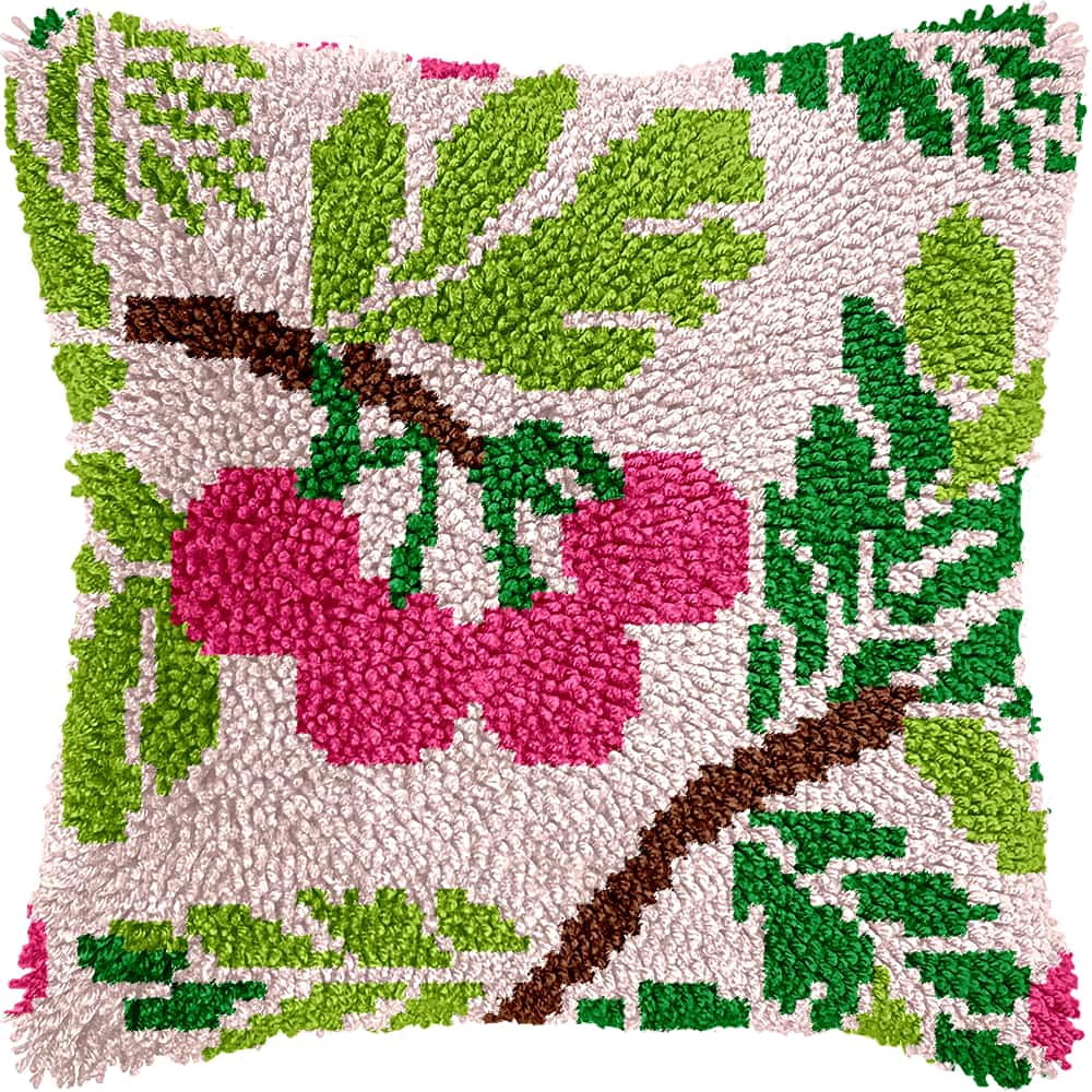 Needlepoint Pillow Kit Cherry Diy Latch Hook Kits Pillow Needlepoint Cushion Kit For Home Décor Needlework Set For Adult Beginners 17X17In