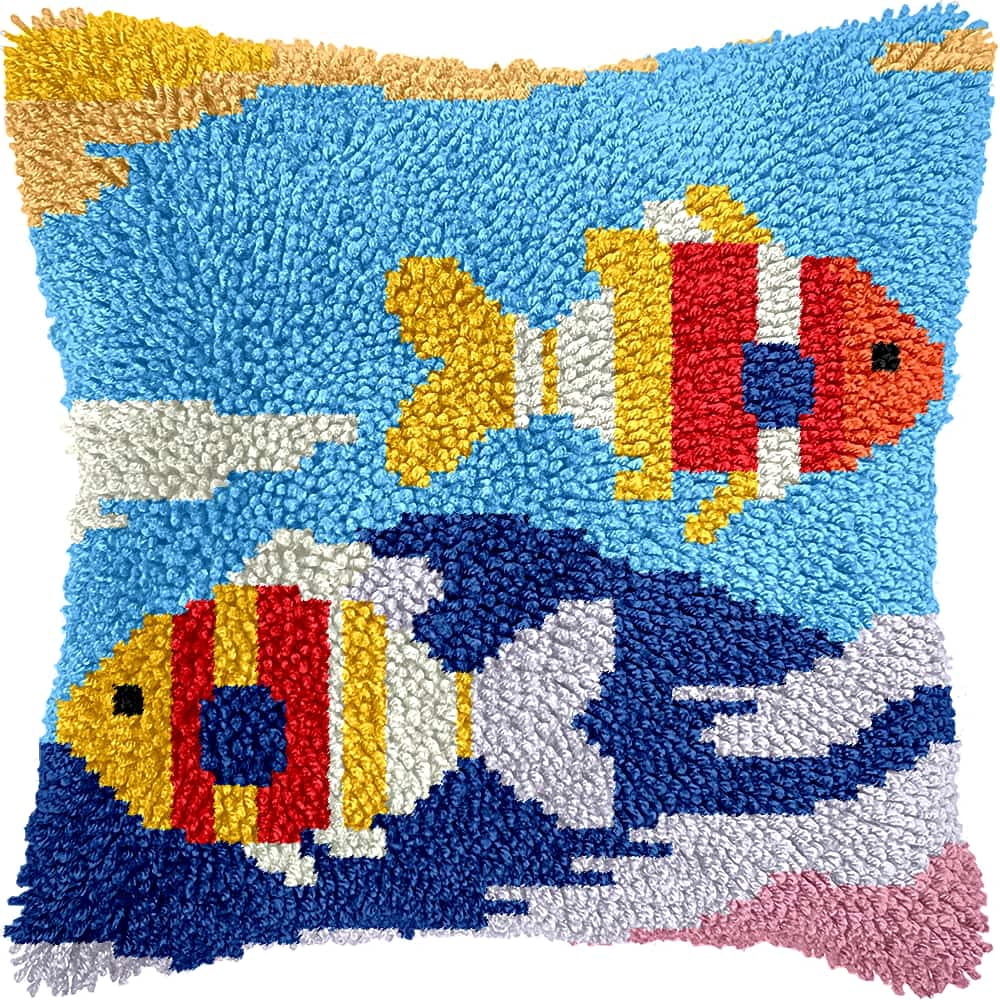 Needlepoint Pillow Kit Fish Diy Latch Hook Kits Pillow Needlepoint Cushion Kit For Home Décor Needlework Set For Adult Beginners 17X17In