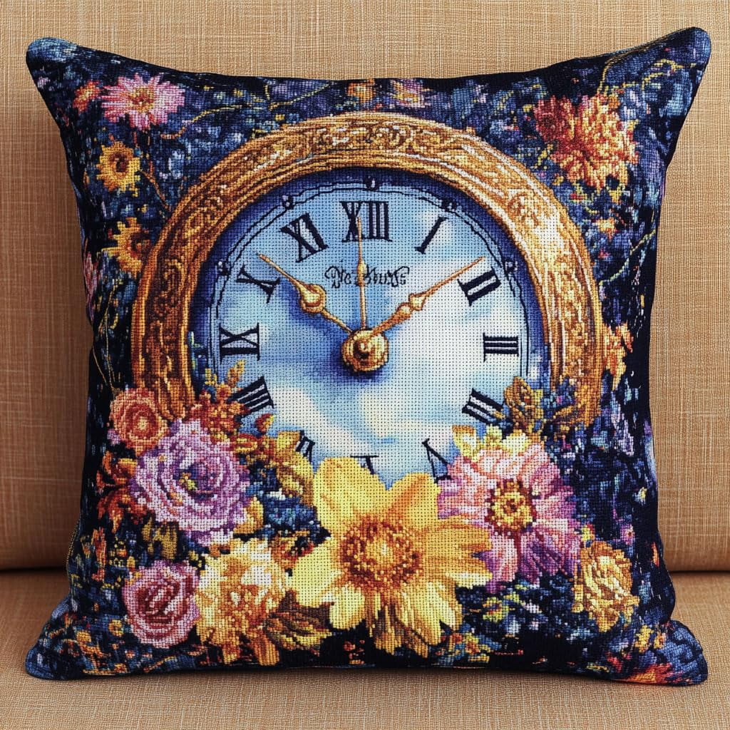 Needlepoint Pillow Kit Flowers and clocks 11CT Stamped Cross Stitch Pillow Kits 18x18in