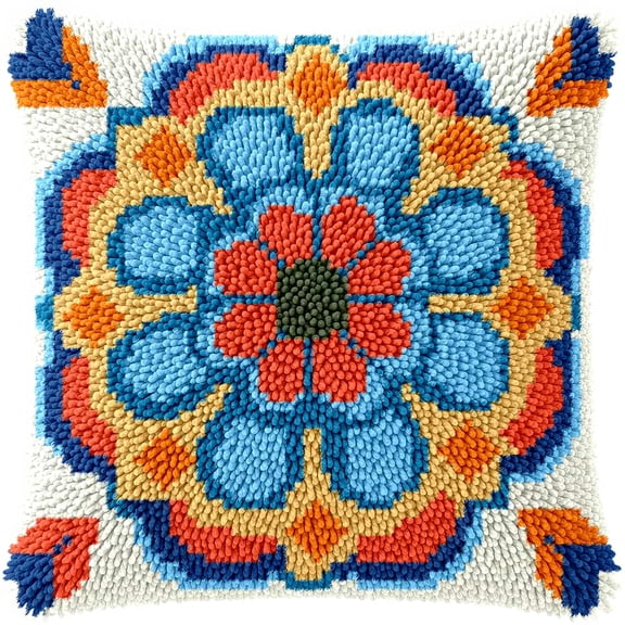 Needlepoint Pillow Kit,Geometric Flower Latch Hook Cushion Kit,Pre-Printed Canvas Cross Stitch Embroidery Set For Home Decor,Diy Needlework Craft Gift For Adults Beginners,17X17 Inch