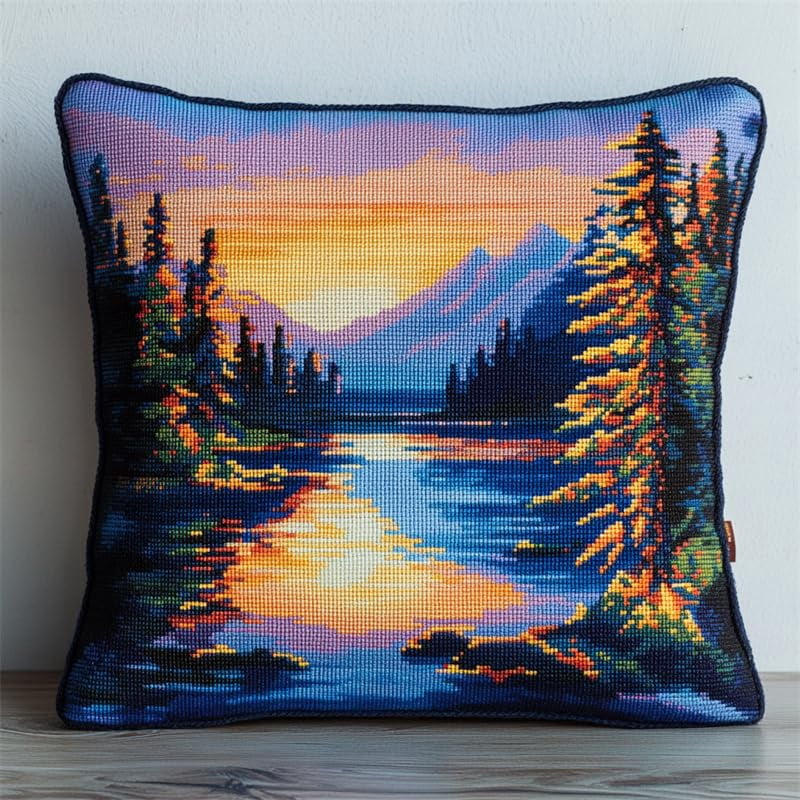Needlepoint Pillow Kit Lakeside scenery Cross Stitch Cushion Cover Embroidery Pillow Cases 18x18inch