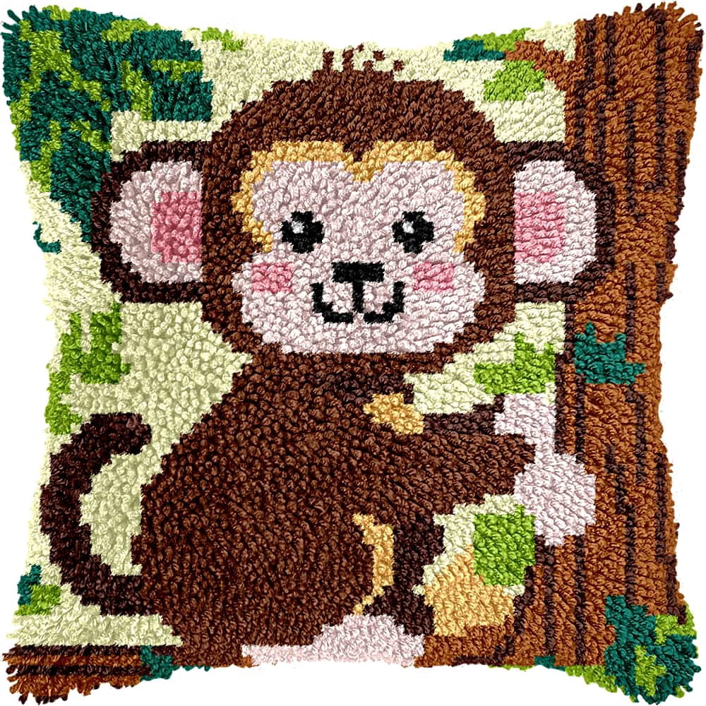 Needlepoint Pillow Kit Monkey Diy Latch Hook Kits Pillow Needlepoint Cushion Kit For Home Décor Needlework Set For Adult Beginners 17X17In