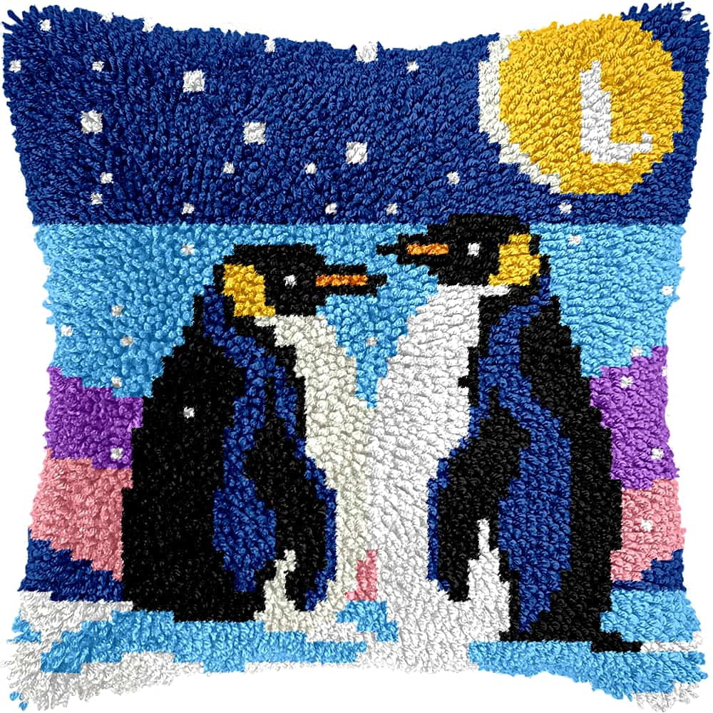 Needlepoint Pillow Kit Penguin Diy Latch Hook Kits Pillow Needlepoint Cushion Kit For Home Décor Needlework Set For Adult Beginners 17X17In