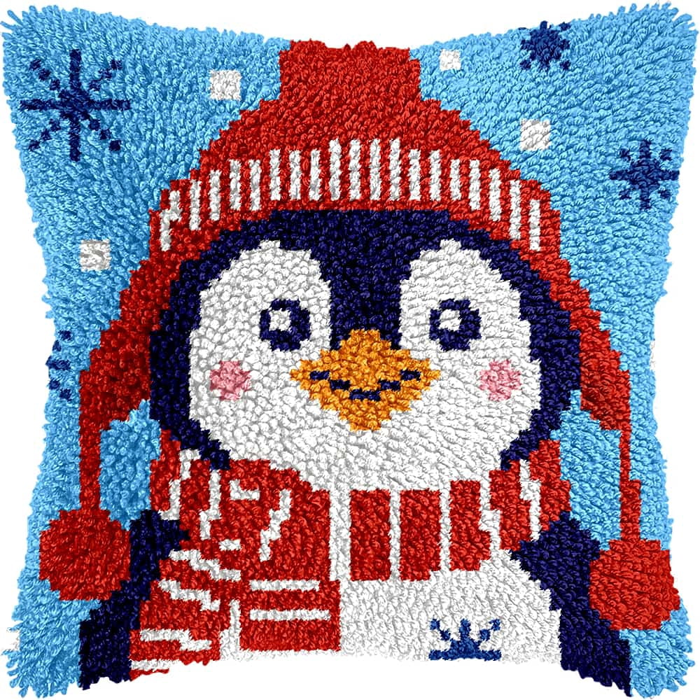 Needlepoint Pillow Kit Penguin Diy Latch Hook Kits Pillow Needlepoint Cushion Kit For Home Décor Needlework Set For Adult Beginners 17X17In