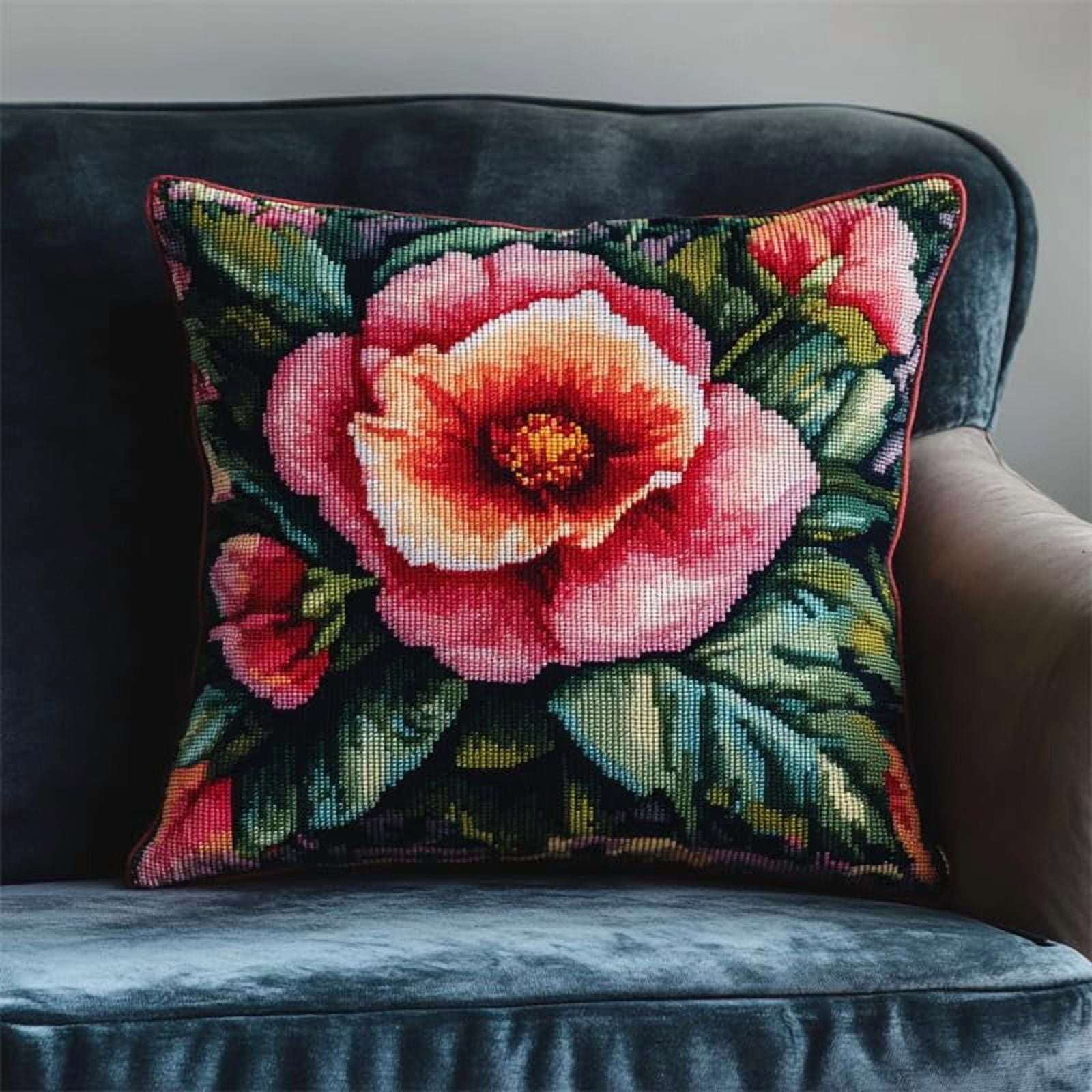 Needlepoint Pillow Kit Pink flowers 11CT Stamped Cross Stitch Pillow Kits 18x18in