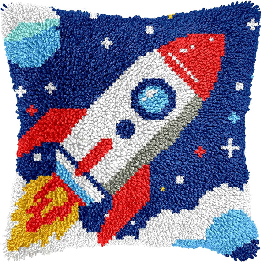 Needlepoint Pillow Kit Rocket Diy Latch Hook Kits Pillow Needlepoint Cushion Kit For Home Décor Needlework Set For Adult Beginners 17X17In