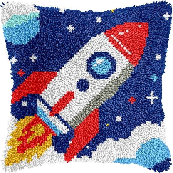 Needlepoint Pillow Kit Rocket Diy Latch Hook Kits Pillow Needlepoint Cushion Kit For Home Dcor Needlework Set For Adult Beginners 17X17In