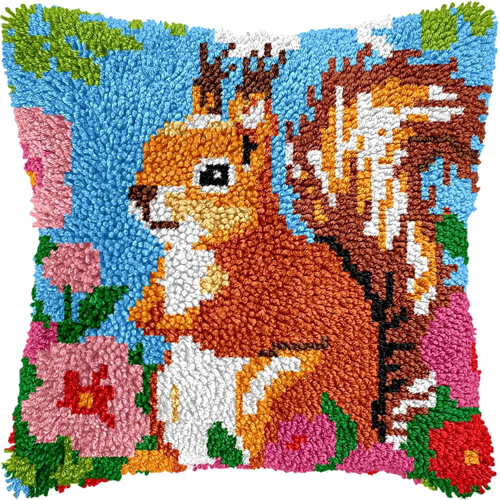 Needlepoint Pillow Kit Squirrel Diy Latch Hook Kits Pillow Needlepoint Cushion Kit For Home Décor Needlework Set For Adult Beginners 17X17In