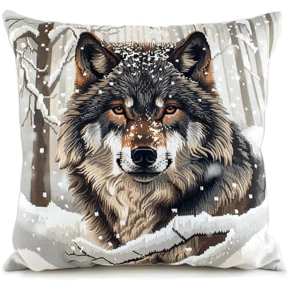 Needlepoint Pillow Kit Wolf Diy Latch Hook Kits Pillow Needlepoint Cushion Kit For Home Dcor Needlework Set For Adult Beginners 17X17In