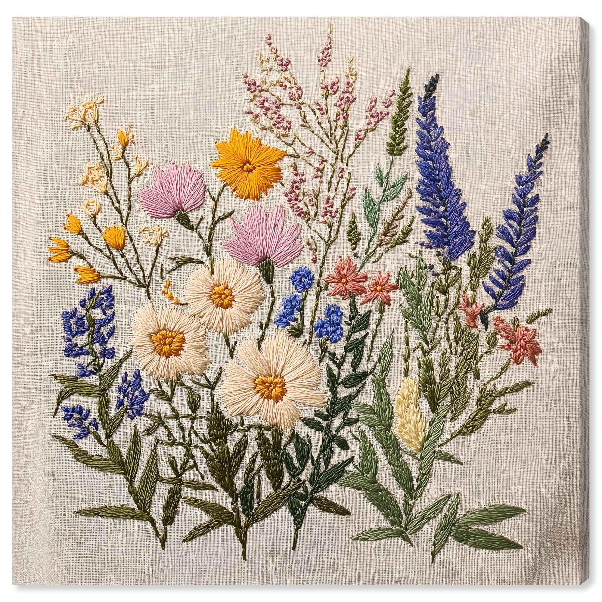 Needlepoint Prairie Posy Canvas Floral Prints by Art Remedy, Gallery Wrapped, 16 x 16