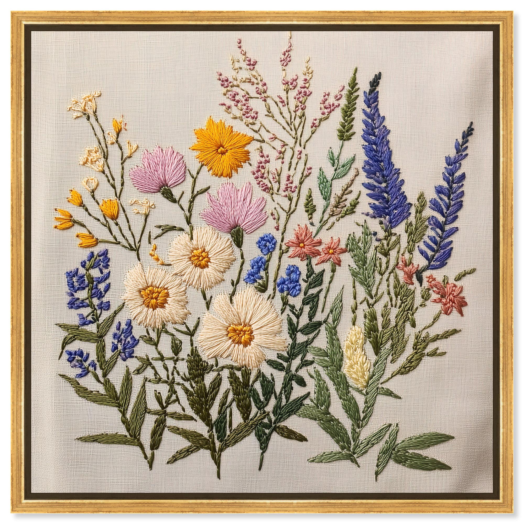 Needlepoint Prairie Posy Canvas Floral Prints by Art Remedy, Gold Frame, 12 x 12