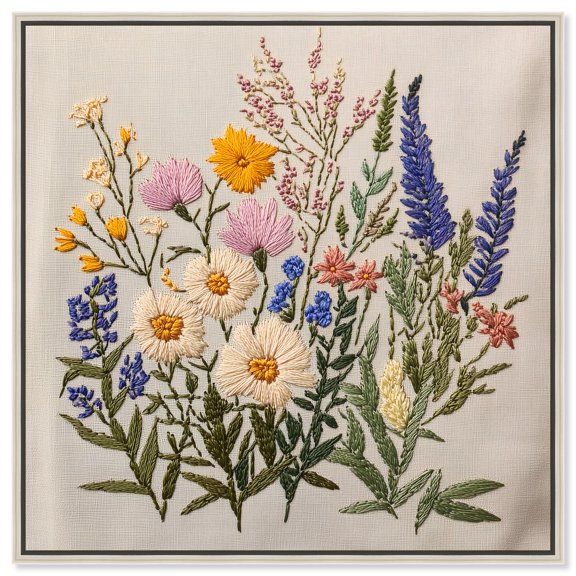 Needlepoint Prairie Posy Canvas Floral Prints by Art Remedy, Silver Frame, 16 x 16