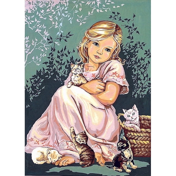 Wizardi Needlepoint Canvas for halfstitch Without Yarn Canvas Little Girl with Cats SE929.116 Seg De Paris