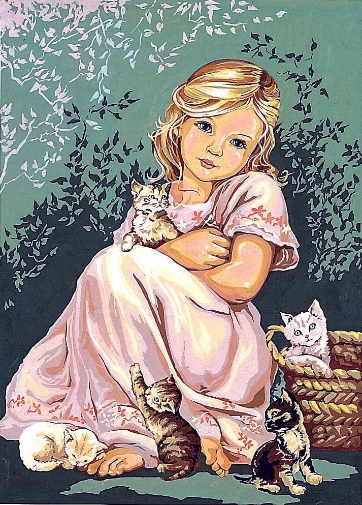 Needlepoint canvas for halfstitch without yarn Canvas Little Girl with Cats SE929.116 Seg De Paris Printed Tapestry Canvas