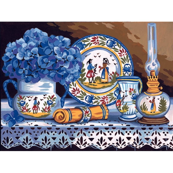 Needlepoint canvas for halfstitch without yarn Earthenware and Hydrangeas MRC1531312 Margot de Paris Printed Tapestry Canvas