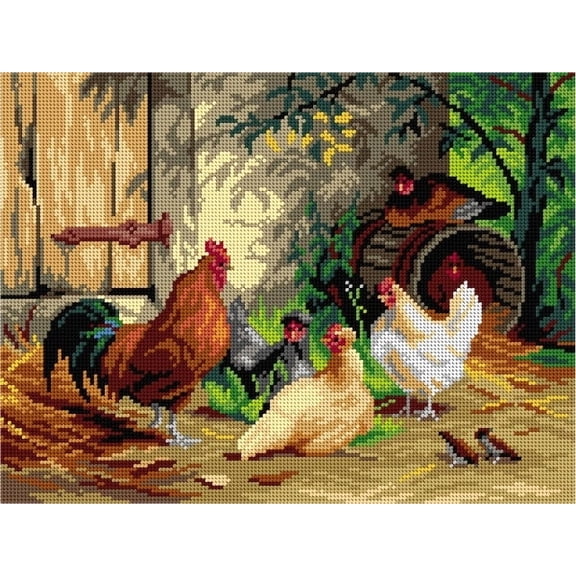 Needlepoint canvas for halfstitch without yarn after Carl Jutz the Elder - Chickens in front of the Stable 3288J - Printed Tapestry Canvas