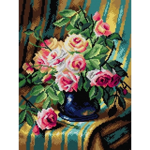 Needlepoint canvas for halfstitch without yarn after Frans Mortelmans - Still Life with Pink Roses 2899J - Printed Tapestry Canvas