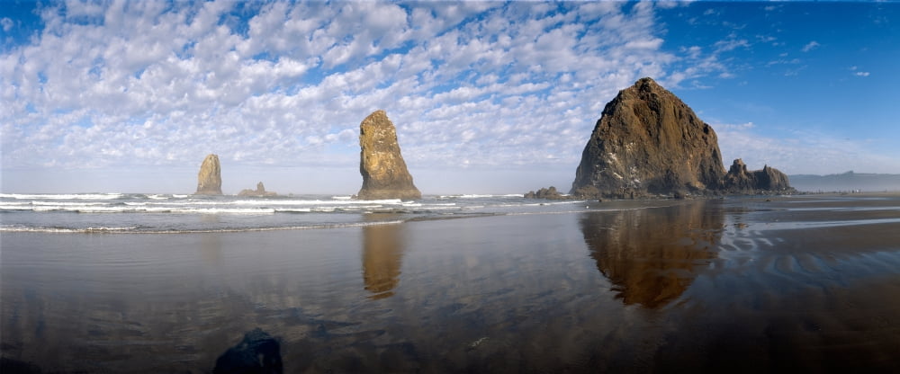 Needles and Haystack rock formations at Cannon Beach Oregon Canvas Art - Panoramic Images (36 x 12)