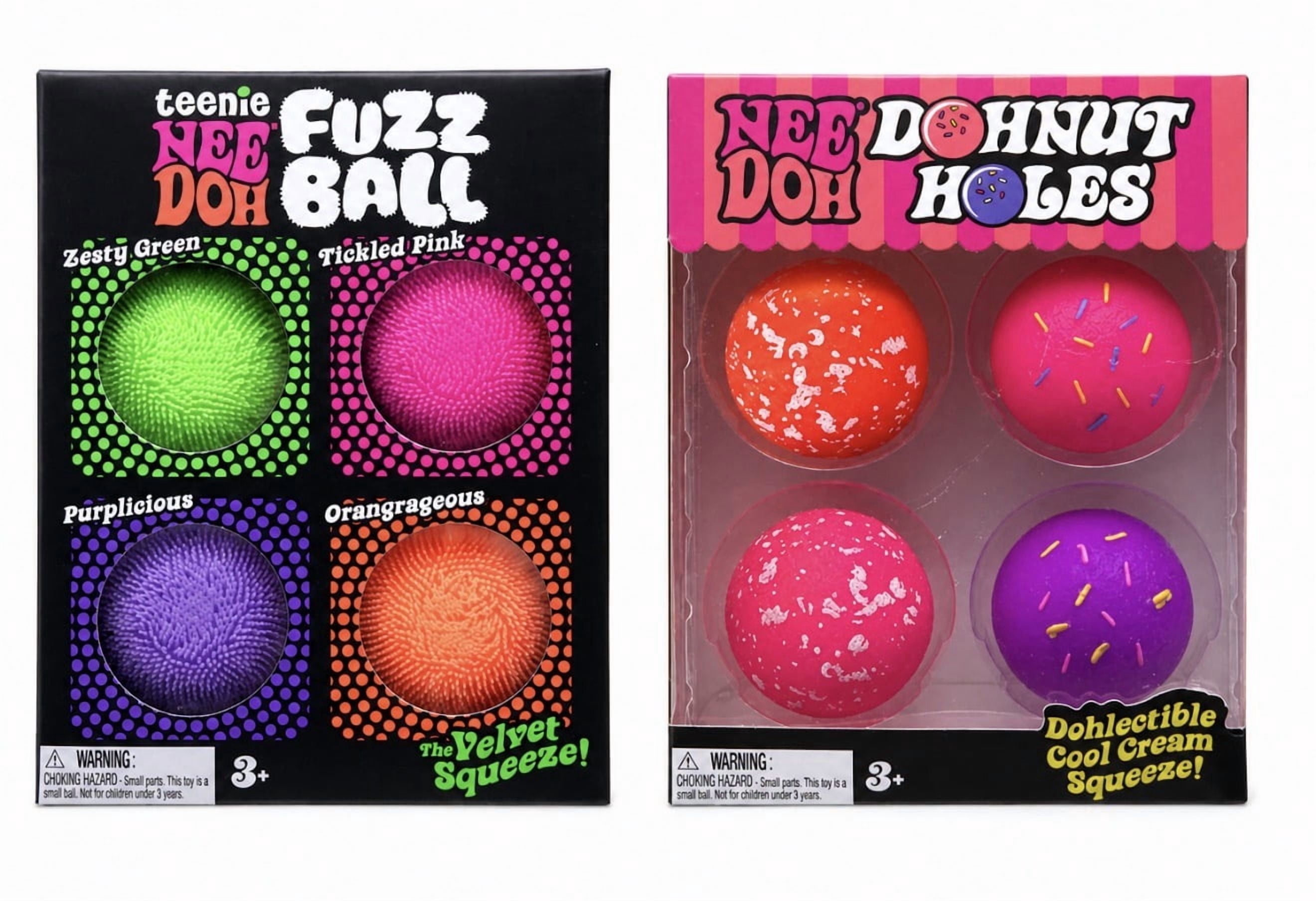Needoh fuzz ball 4 pack and doughnut holes 4 pack - set massage ball stress relief set