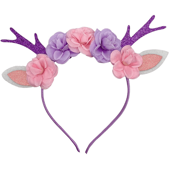 Needzo Deer Antler Headband, Fairy Festival Pink and Purple Flower Hair Accessory, One Size Fits Most