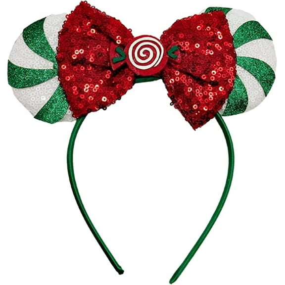 Holiday Green Candy Cane Mouse Ears Headband, Christmas Party Headbands, One Size Fits Most