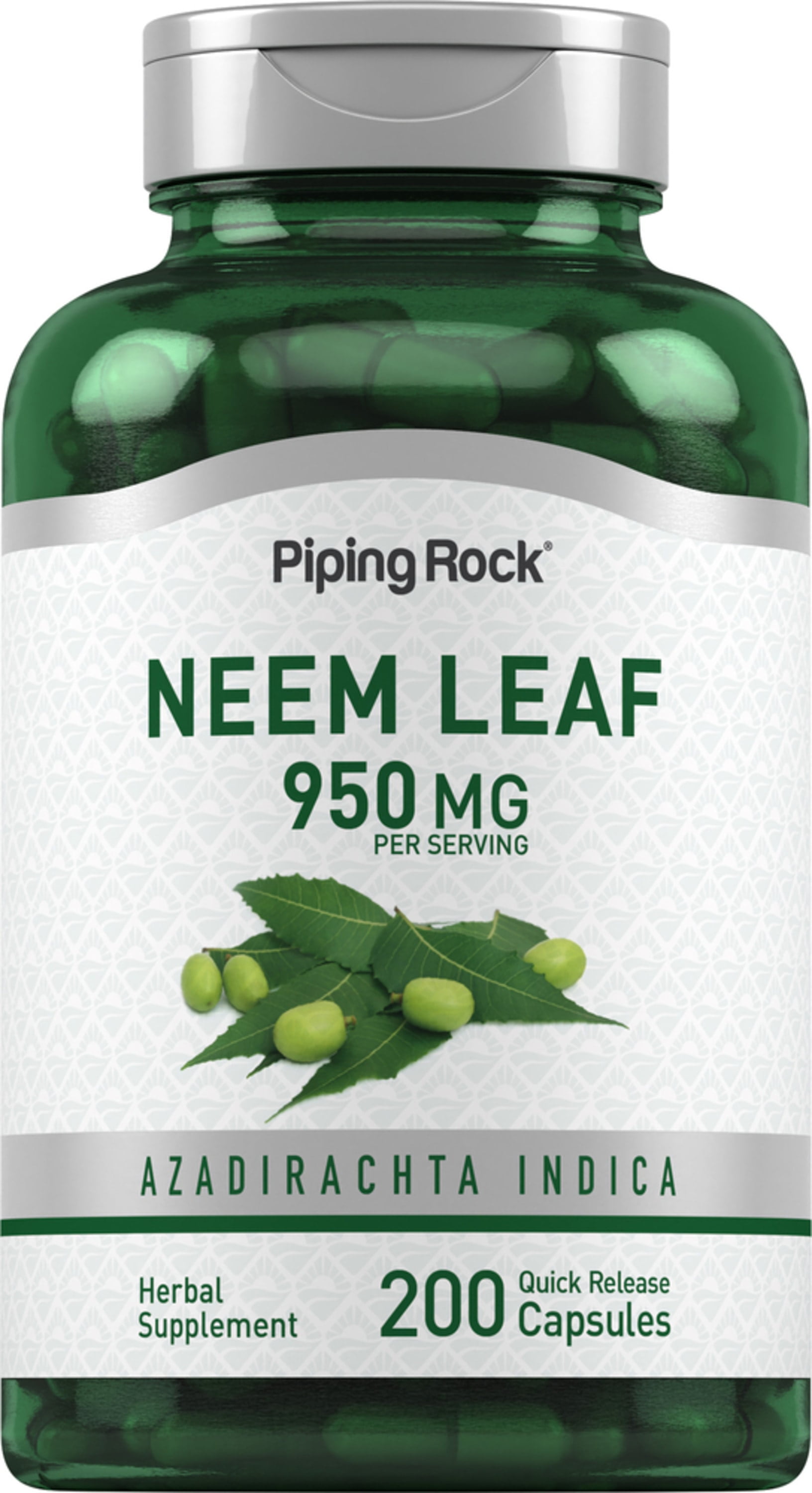 Neem Leaf Capsules | 950mg | 200 Count | Non GMO, Gluten Free | By Piping Rock