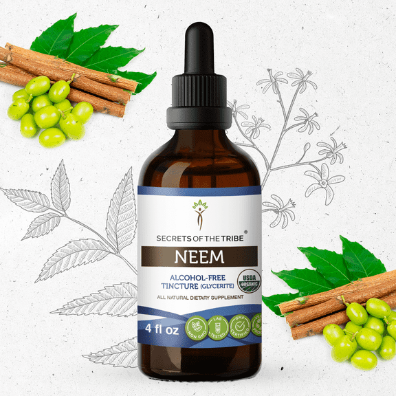 Secrets Of The Tribe Neem Organic Tincture Dietary Supplement, Natural Herbal Extract for Skin Support, Certified Organic Neem (Azadirachta indica) Dried Leaf, Alcohol-Free Extract, Drops 4 oz