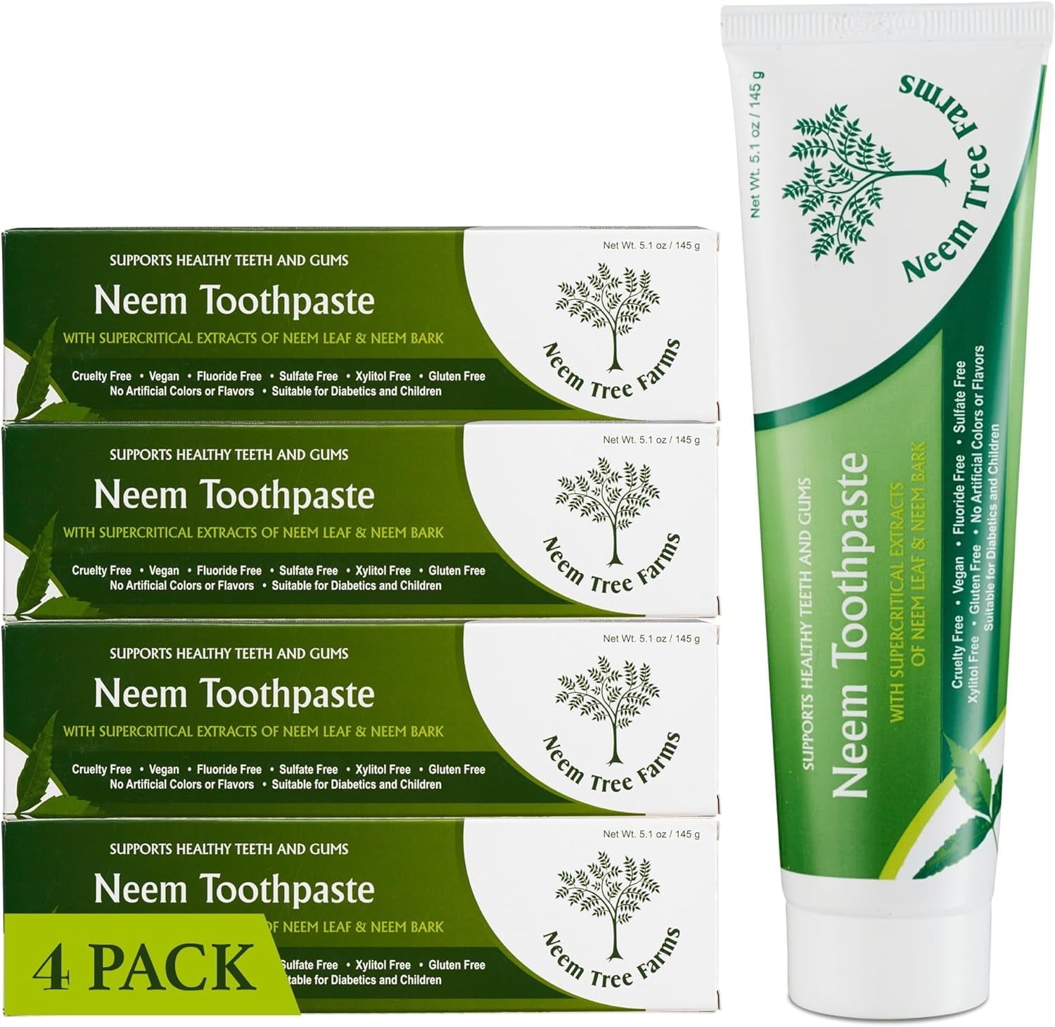 Neem Tree Farms Neem Toothpaste for Adult & Children, Fluoride Free, Clove & Stevia - 5 oz (4 Pack)