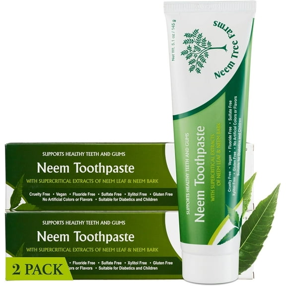 Neem Tree Farms Neem Toothpaste for Adult & Children, Fluoride Free, Clove & Stevia - 5 oz (2 Pack)