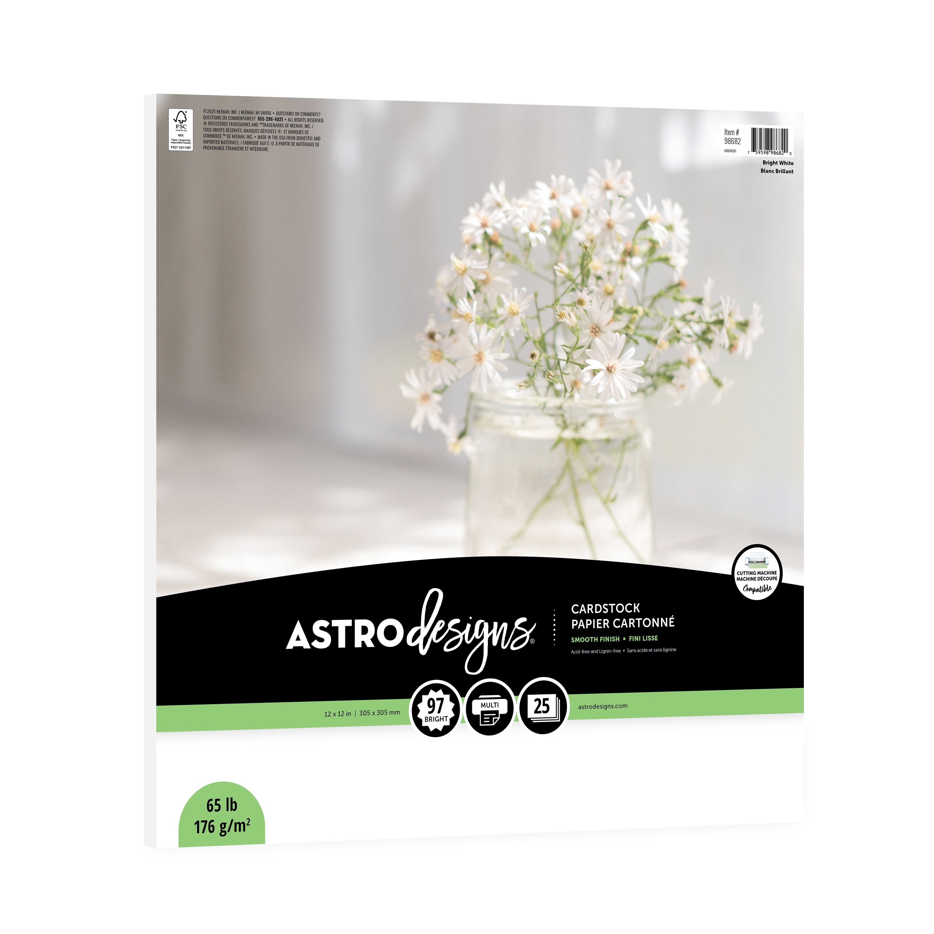 Astrodesigns Cardstock, Bright White, 97 Brightness, 12" x 12", 65 lb./176 gsm, 25 Sheets (98682)