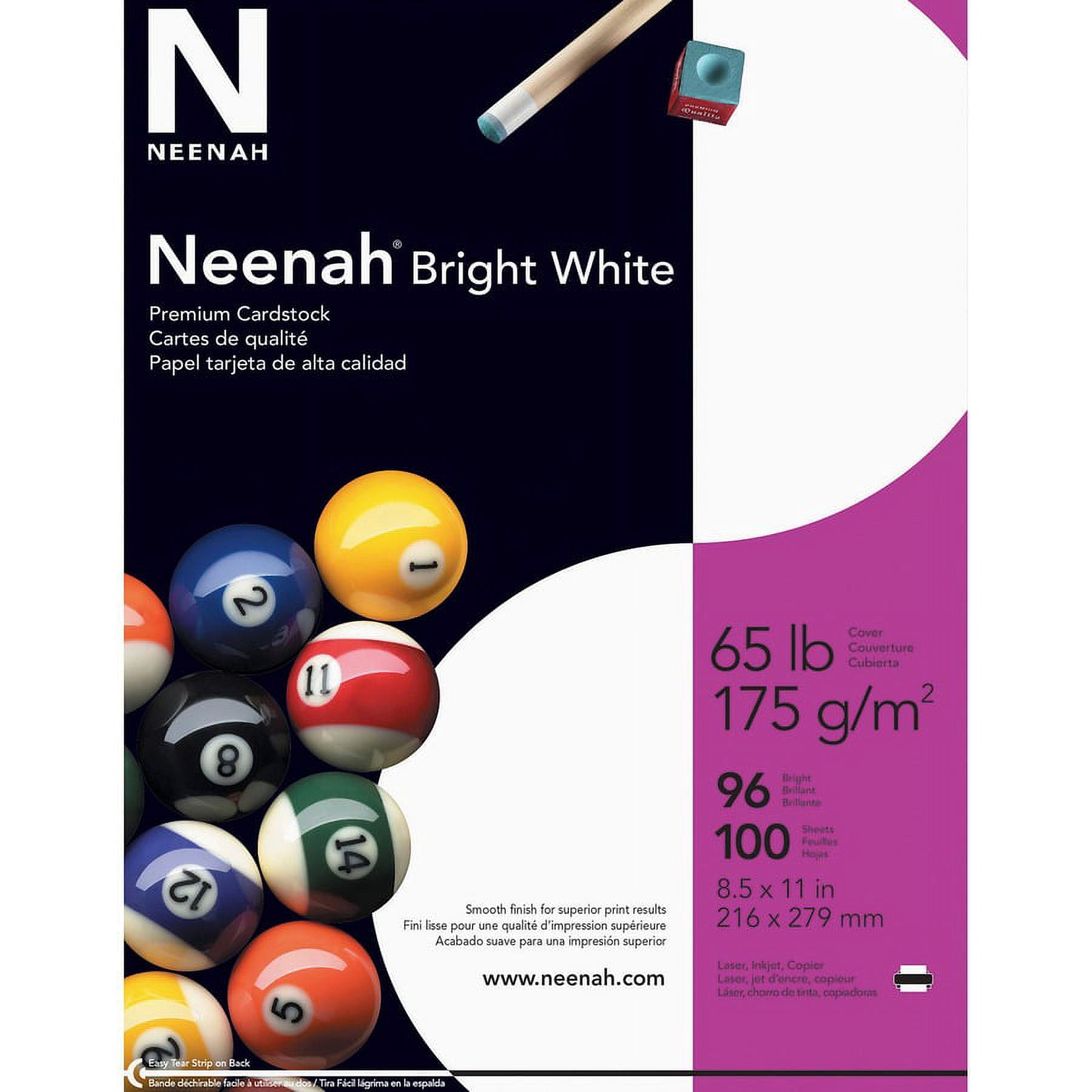 Neenah Card Stock - Bright White - Letter - 8 1/2" x 11" - 65 lb Basis Weight - Smooth - 100 / Pack | Bundle of 2 Packs
