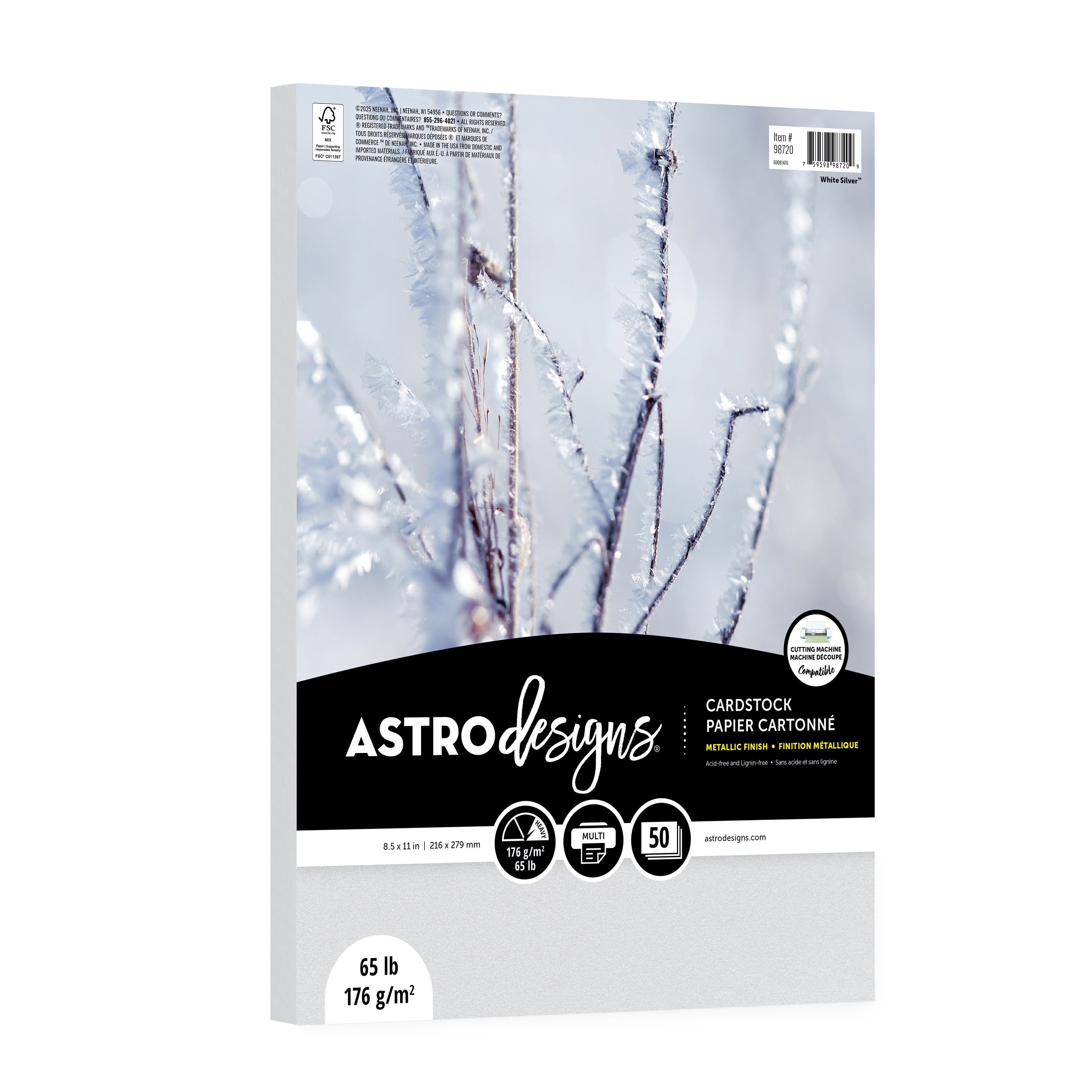 Astrodesigns Cardstock, White Silver Metallic , 8.5" x 11", 65 lb./176 gsm, 50 Sheets (98720-02)