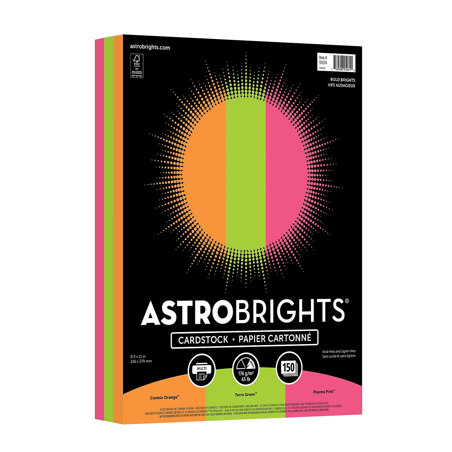 Astrobrights Bold Brights 65 lb. Cardstock Paper 8.5" x 11" Assorted Colors 150 Sheets/Pack (91074)