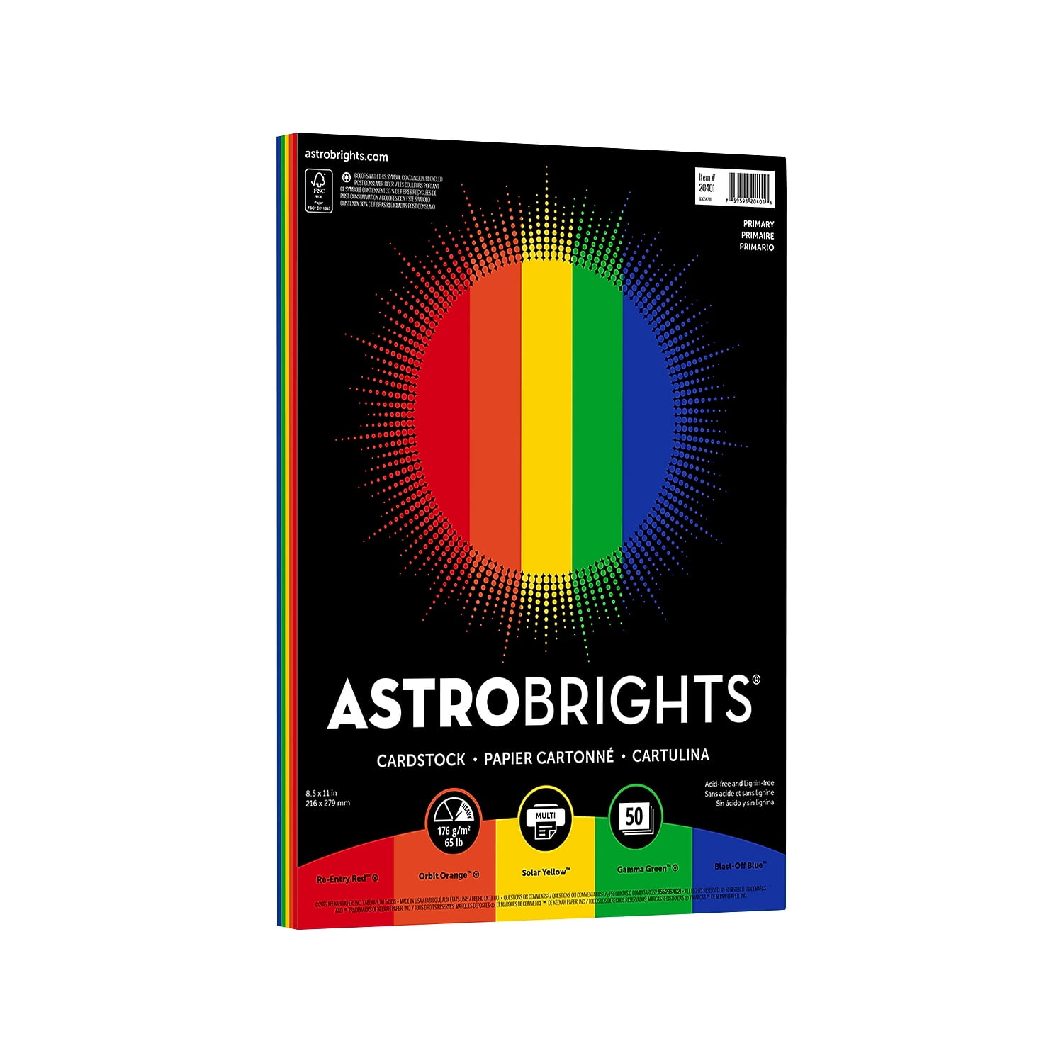 ASTROBRIGHTS Neenah Paper 20401 Color Cardstock -"primary" Assortment, 65lb, 8.5 X 11, Assorted, 50/pack