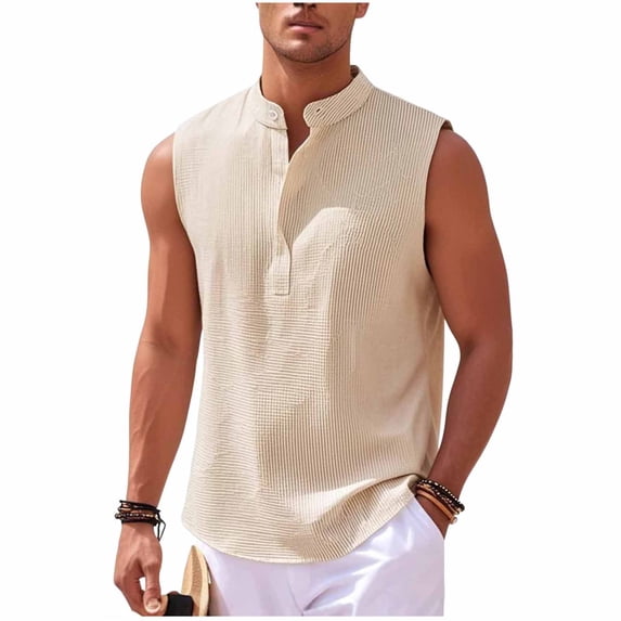 Neer Ribbed Tank Tops for Men Summer Sleeveless Henley Shirts Crewneck Tees Muscle Slim Fit Tank Top Size 3XL Khaki