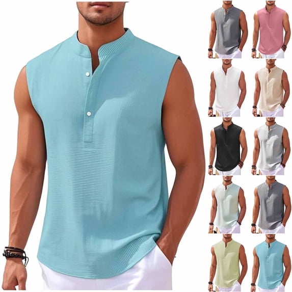 Neer Ribbed Tank Tops for Men Summer Sleeveless Henley Shirts Crewneck Tees Muscle Slim Fit Tank Top Size 3XL White