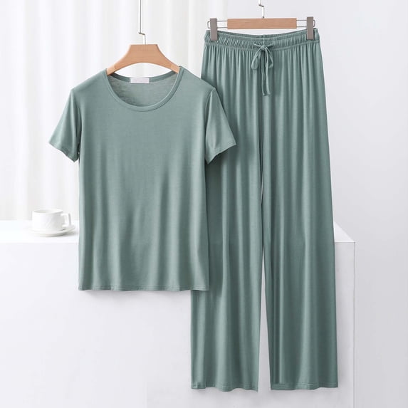 Neewe 2 Piece Outfits For Women Casual Modal Tracksuit Short Sleeve Tops And Wide Leg Long Pants Matching Lounge Sets