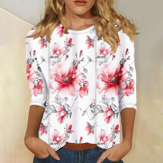 Neewe 3/4 Length Sleeve Womens Tops Round Neck Casual Summer Tunic Tops Basic Tees Blouses Dressy T-Shirts Pleated Shirts