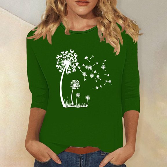 Neewe 3/4 Length Sleeve Womens Tops Round Neck Casual Summer Tunic Tops Basic Tees Blouses Dressy T-Shirts Pleated Shirts