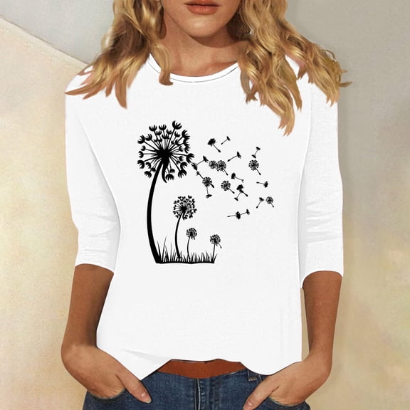 Neewe 3/4 Length Sleeve Womens Tops Round Neck Casual Summer Tunic Tops Basic Tees Blouses Dressy T-Shirts Pleated Shirts