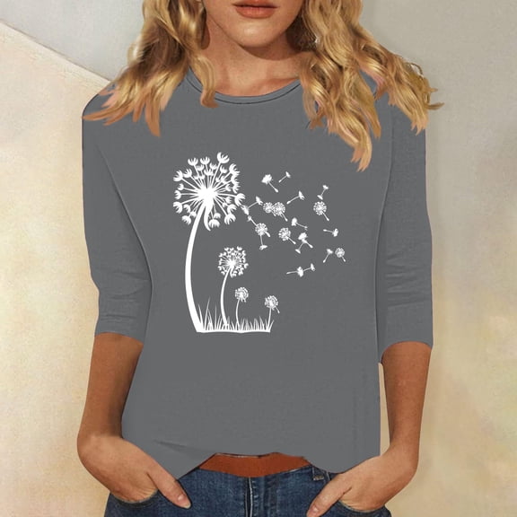 Neewe 3/4 Length Sleeve Womens Tops Round Neck Casual Summer Tunic Tops Basic Tees Blouses Dressy T-Shirts Pleated Shirts