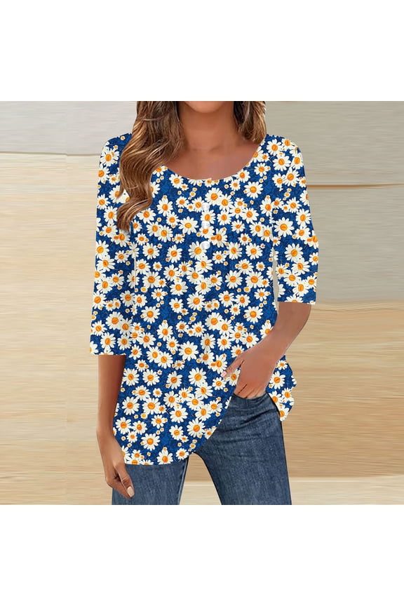 3/4 Length Sleeve Womens Tops Spring Summer Fashion 2025 Tops Crew Neck Pleated Shirts Tunic Top Loose Fit