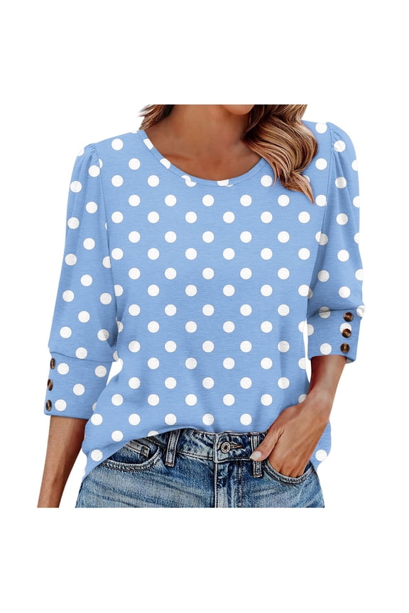 3/4 Length Sleeve for Womens Polk Dot Tops Casual Crewneck Pullover Tunics Summer Comfy Blouses Fashion 2026