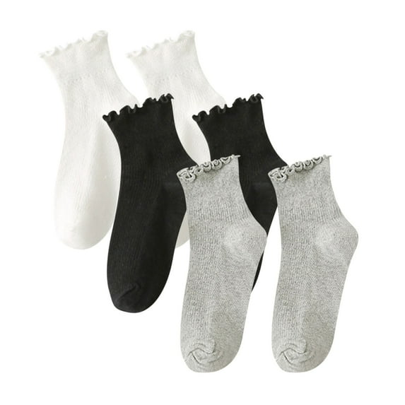 Neewe 3-Pairs Short Cotton Socks with Ruffle Edge Solid Color Basic Causal Socks