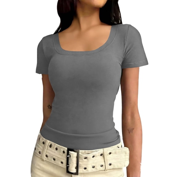 Neewe Basic Tees for Women U-Neck Slim Fit Tight T Shirts Cute Y2K Trendy Crop Tops Clothes for Casual Summer