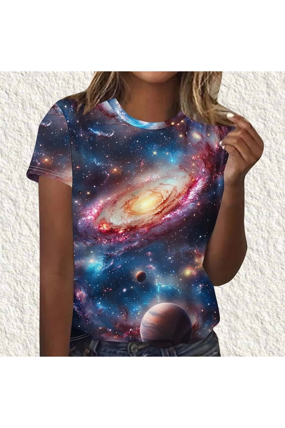 Blouse for Women Casual Short Sleeve Tops Fashion Starry Sky Printed Crew Neck Loose Fit Shirts Summer Clothes